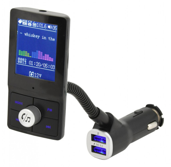 Hands free FM transmitter LCD COLOR - nabíječka, handsfree sada a hudební přehrávač 12/24V